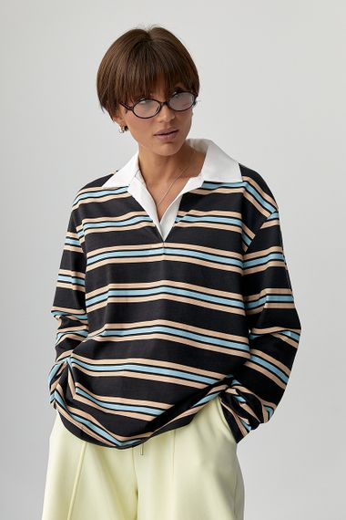 Смугастий лонг з комірцем поло - темно-коричневий цвет, ONE SIZE (є розміри) | Зображення 4