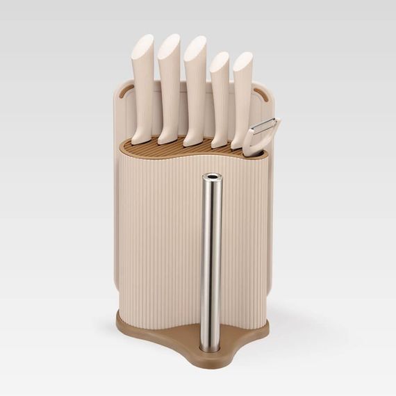 Набір кухонних ножів з підставкою і обробною дошкою Maestro MR-1413-BEIGE, 8 предметів, бежевий