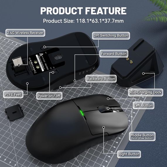 Бездротова легка магнітна миша Ajazz AJ159P PAW3395 2.4G 26000 DPI RGB Чорна | Зображення 1
