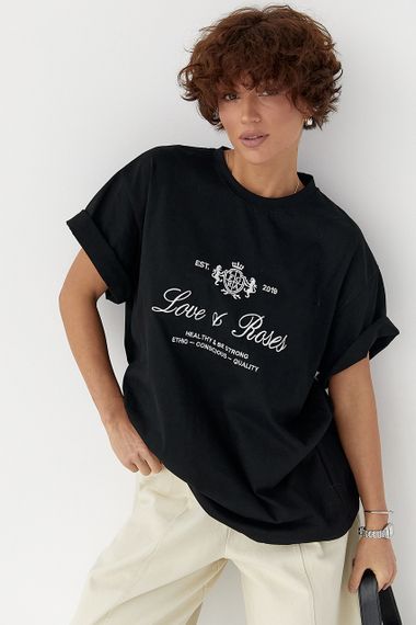 Футболка вільного фасону з вишитими написами - чорний цвет, ONE SIZE (є розміри) | Зображення 3