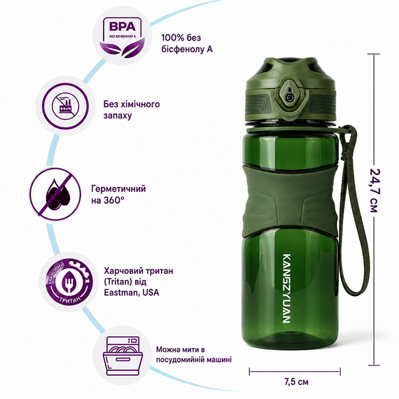 Бутылка KANGZYUAN 450 мл - Зеленая Tritan BPA-free, ударопрочная, спортивная с эргономичной крышкой | Зображення 4
