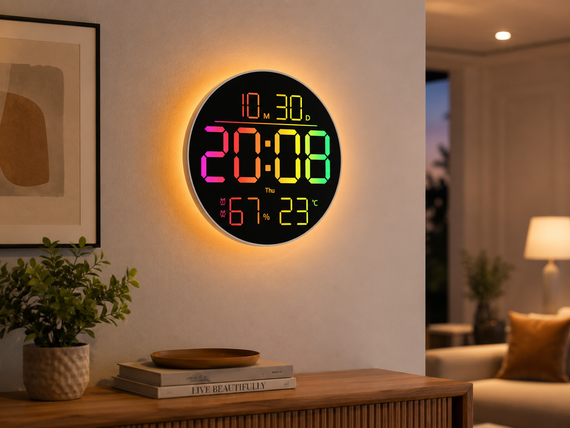 Годинник настінний 6695R/Настінний годинник круглий RGB з пультом/ Календарем, температура, вологість | Зображення 1