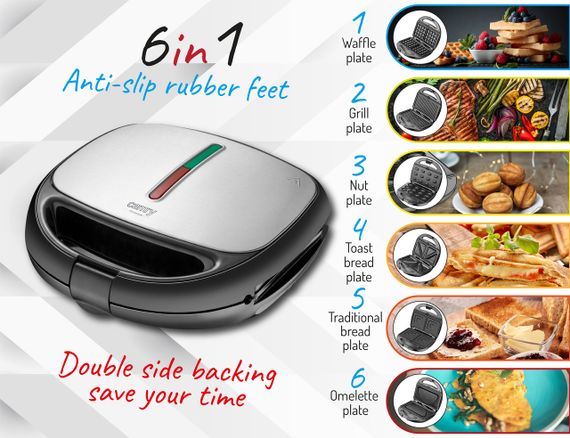 Мультипекар 6в1 Camry CR 3057 сендвічниця вафельниця гриль горішниця омлетниця зі змінними панелями | Зображення 8