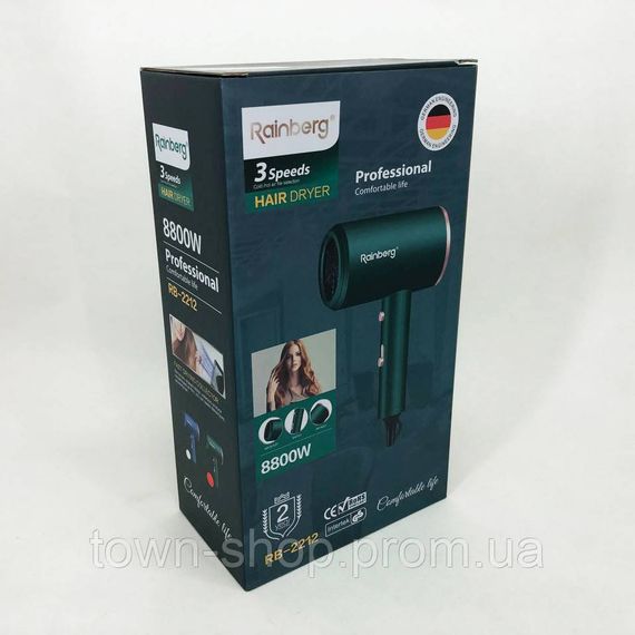 Фен Rainberg RB-2212 8800 W с регуляцией температуры и скорости для сушки и укладки волос. Цвет: зеленый | Зображення 3