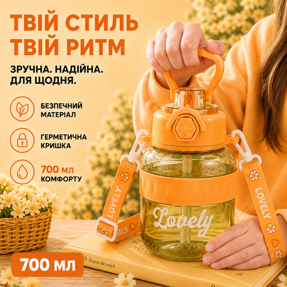 Бутылка для воды Lovely 700 мл с трубочкой и защитой от протечек, Оранжевая (BPA Free) | Зображення 5
