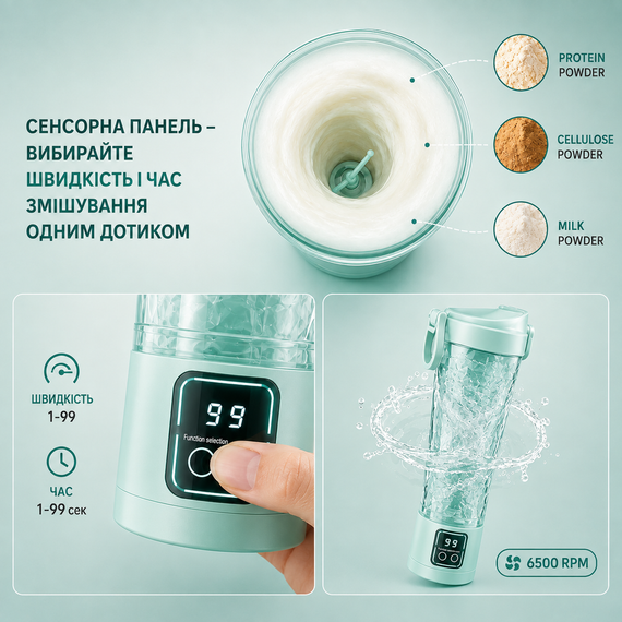 Электрический аккумуляторный шейкер (700 мл) - Зеленый глянец, USB-зарядка и антискользящий дизайн | Зображення 8
