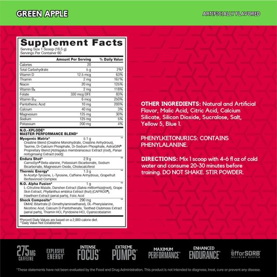 Передтренувальний комплекс BSN N.O. Xplode 3.3 1109 g (green apple) | Зображення 2