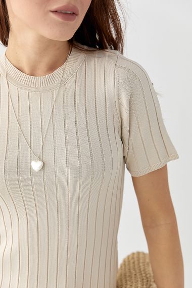 Сукня в рубчик з короткими рукавами - бежевий цвет, ONE SIZE (є розміри) | Зображення 3