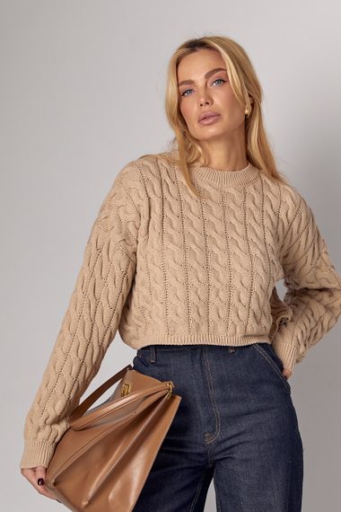 Укорочений в'язаний джемпер oversize з косичками - світло-коричневий цвет, ONE SIZE (є розміри)