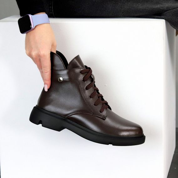 Стильні шкіряні зимові черевики низький хід колір Шоколад 37