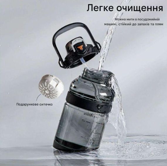 Спортивная бутылка TKK (2000 мл) - Полупрозрачный черный Tritan BPA-free, с мощной ручкой и кнопкой-фиксатором | Зображення 3
