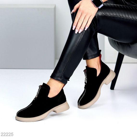 Дизайнерские черные замшевые туфли на молнии, натуральная замша на бежевой подошве | Зображення 8