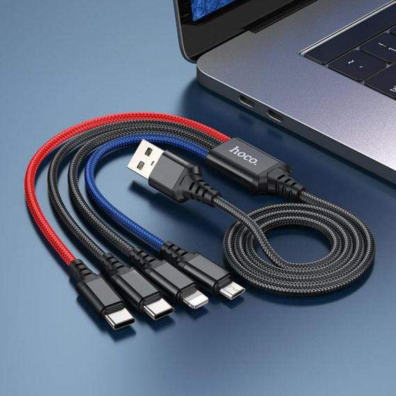 Кабель HOCO X76 USB to iP+Type-C+Type-C+Micro 2A, 1m, nylon, aluminum connectors Black+Red+Blue | Зображення 3