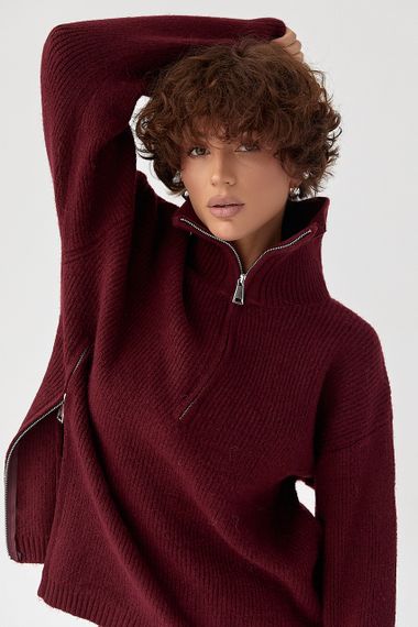 В'язана жіноча кофта з блискавками - бордо цвет, ONE SIZE (є розміри) | Зображення 4