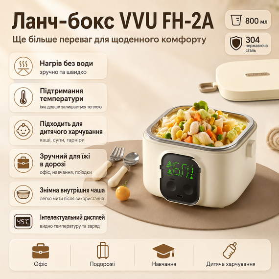 Електричний ланч-бокс VVU FH-2A (800 мл) з підігрівом їжі та вбудованим акумулятором 14000 mAh | Зображення 1