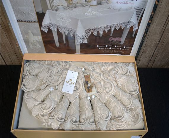 Льняная скатерть с ранером Selin Cagla Set 160×350+12 салфеток Бежевая | Зображення 2