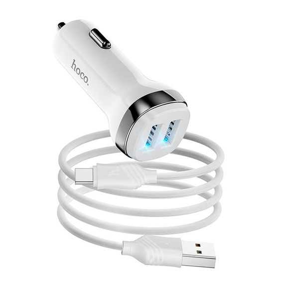 Набір АЗУ 12-24V HOCO Z40 + кабель Type-C, 2xUSB, 2.4A, кабель 1м, White, Box