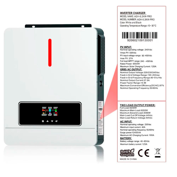 Гибридный инвертор 6.2 кВт Daxtromn AGH-6.2KW-PRO, 48 В, ток заряда 120 А, для АКБ LiFePO4, Li-ion, Lead-acid | Зображення 4