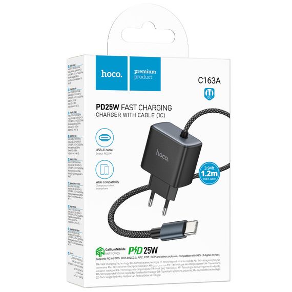 МЗП Hoco C163A New PD25W (1USB-C) + встроенный кабель Type-C Black | Зображення 1