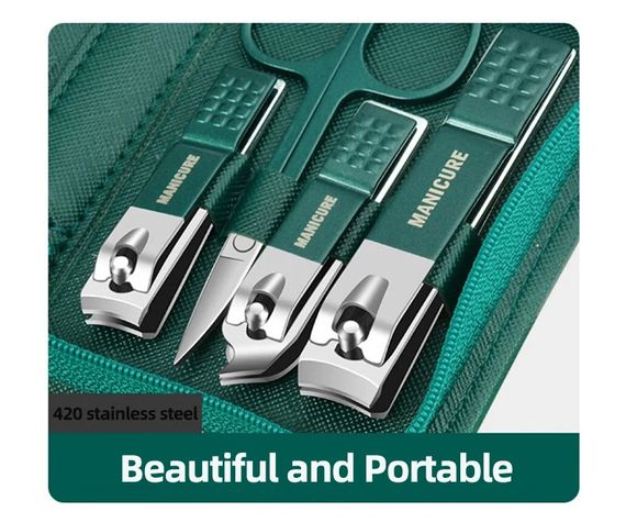 Зеленый маникюрный набор из 9 предметов с кожаным чехлом, из нержавеющей стали | Зображення 1