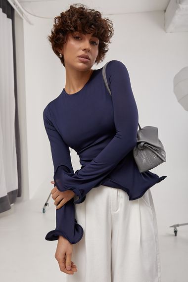 Елегантний лонгслів із хвилеподібними краями - темно-синій цвет, ONE SIZE (є розміри) | Зображення 4