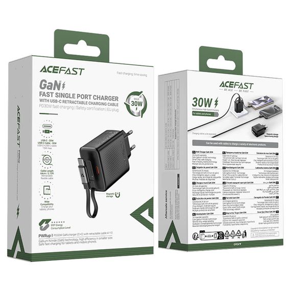 СЗУ Acefast A110 GaN With Retractable Cable Type-C PD30W (1USB-C) Black | Зображення 5