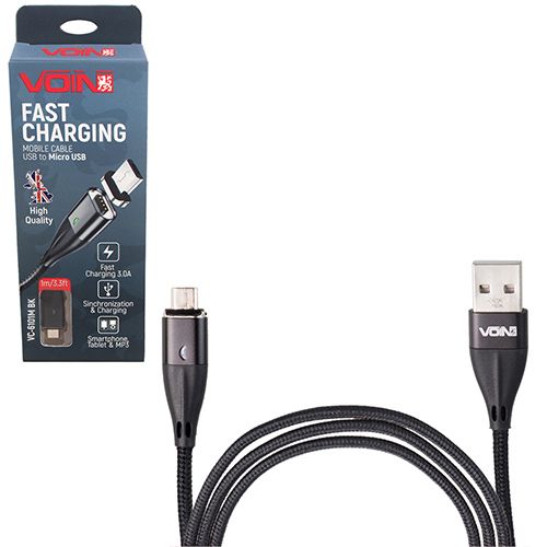Кабель магнітний VOIN USB - Micro USB 3А, 1m, black (швидка зарядка / передача даних)