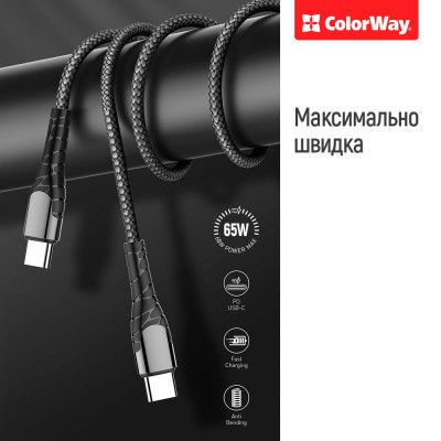 Дата кабель USB-C to USB-C 2.0m PD Fast Charging 65W 3A grey ColorWay (CW-CBPDCC039-GR) | Зображення 1