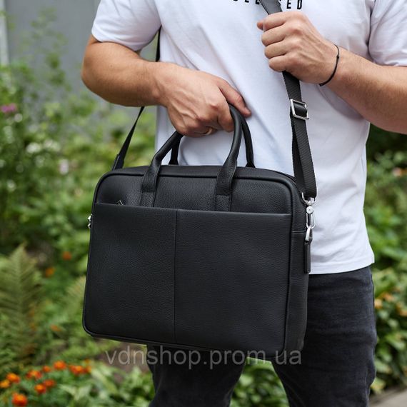 Чоловічий портфель на плече 38х28х8.5, офісний шкіряний месенджер, чоловіча ділова сумка для міста, чорна | Зображення 2