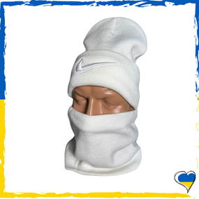 Комплект Nike белый шапка и бафф на флисе унисекс. Набор теплый. Мужской, женский, подростковый, детский