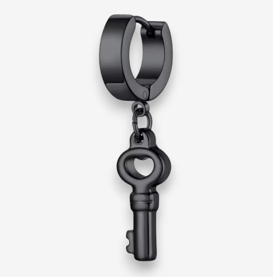 Сережка-кільце чорна з нержавіючої сталі з підвіскою у вигляді ключа, 3.6 см