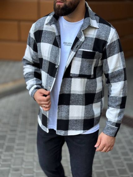 Теплая мужская байковая рубашка в клетку на пуговицах размер L цвет черный Vi1048 | Зображення 3