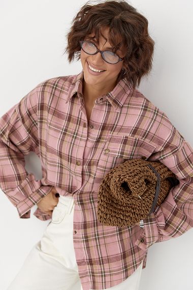 Картата сорочка із коміром на кнопках - пудра цвет, ONE SIZE (є розміри) | Зображення 4