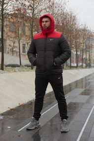 Комплект чоловічий Nike: куртка зимова "Frost" червоно-чорна + штани з тринитки утеплені чорні