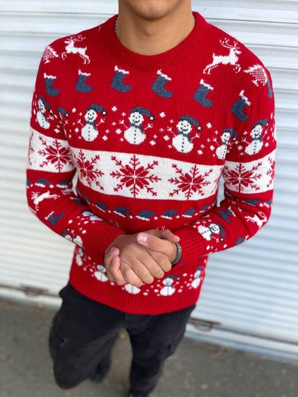 Мужской новогодний свитер Снеговик с оленями PA2656 цвет красный, размер M | Зображення 1