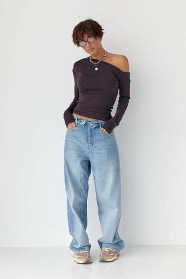 Обтягуючий лонгслів з відкритим плечем - баклажан цвет, XL (є розміри) | Зображення 2