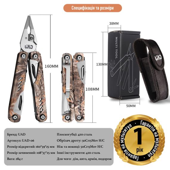 Мультитул професійний UAD ForestPro 19 інструментів Камуфляж 420/440 | Зображення 3