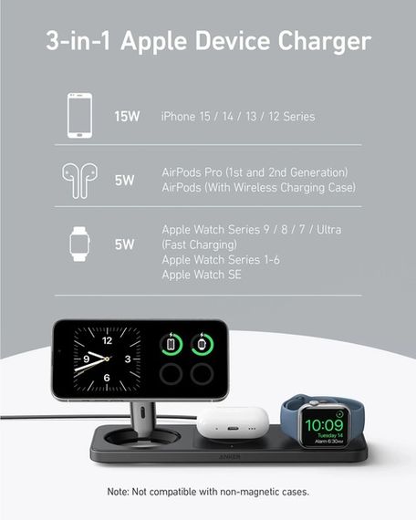 Бездротовий зарядний пристрій Anker MagGo Wireless Charging Station 15W 3-in-1 Pad Black | Зображення 4