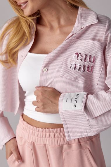 Вкорочена сорочка у смужку з написом Miu Miu - рожевий цвет, M (є розміри) | Зображення 3