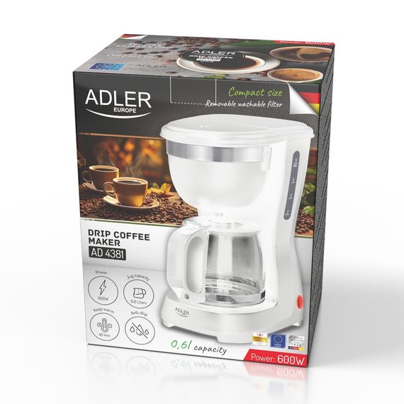 Кавоварка крапельна Adler AD 4381 для меленої кави 0.6 л 600 Вт біла | Зображення 9