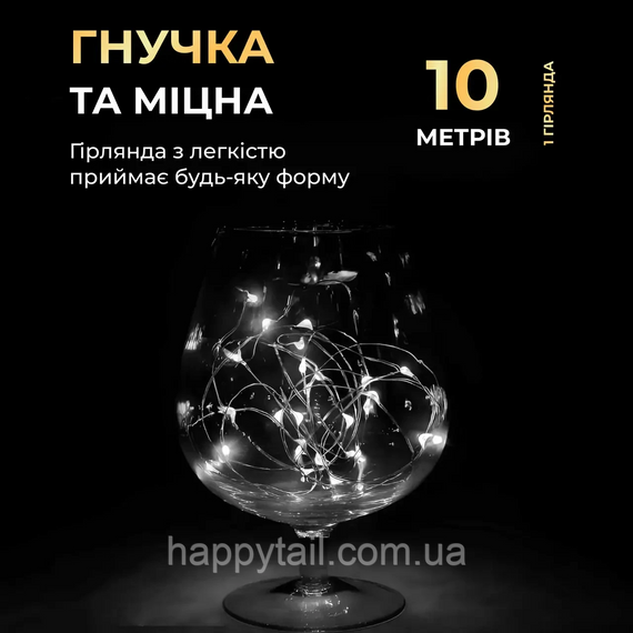 Гірлянда роса 10 метрів крапля на батарейках на 100 led білий дріт біла 100L10MWW | Зображення 1