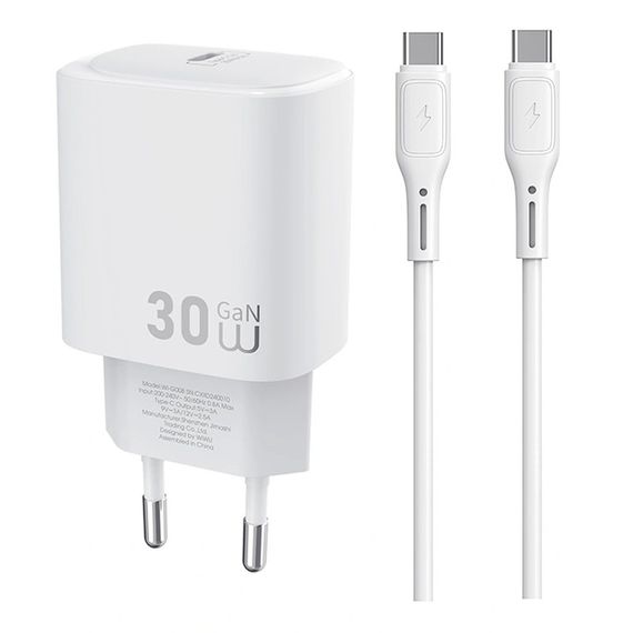 СЗУ WIWU G008 Essen PD30W GaN (1USB-C) + кабель Type-C to Type-C White
