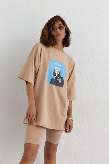 Костюм с футболкой oversize и велосипедками - кофейный цвет, L (есть размеры) | Зображення 7