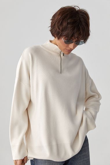 Светр оверсайз з блискавкою на горловині - молочний цвет, ONE SIZE (є розміри)