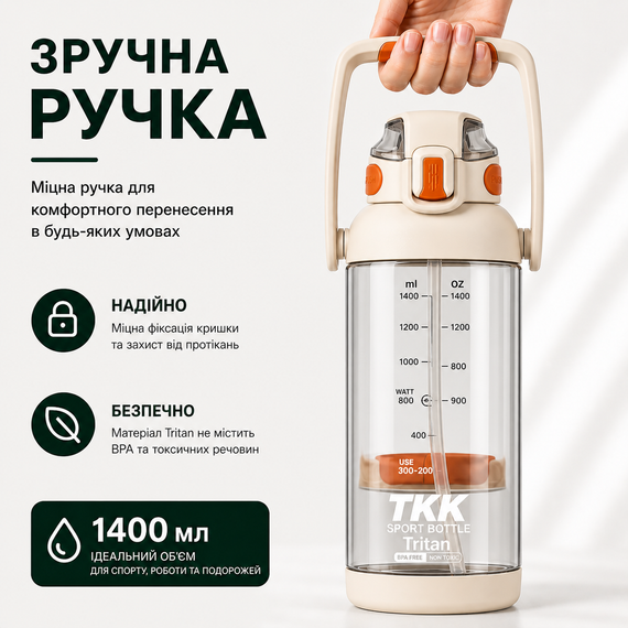 Бутылка для воды TKK 1400 мл (1,4 л) Tritan, с мерной шкалой, соломинкой и ремешком, белая | Зображення 3