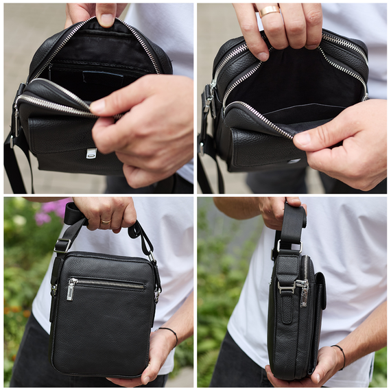 Сумка-барсетка чоловіча шкіряна 24х20х8, компактний месенджер для щоденного використання, чорна | Зображення 3