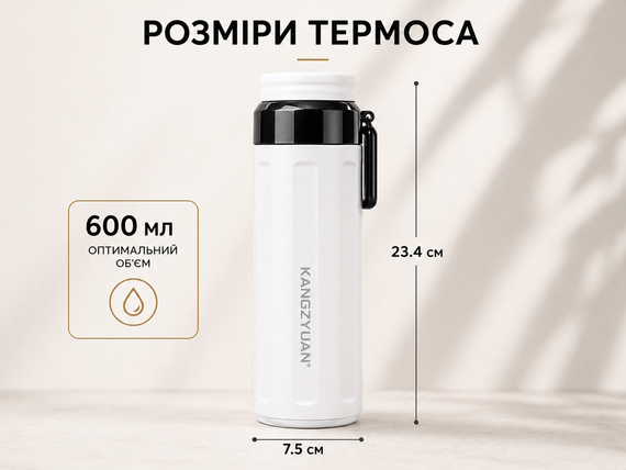 Термос-бутылка KANGZYUAN 600 мл (0.6 л) вакуумная из нержавеющей стали, белая: для воды, чая, кофе, спорта, авто | Зображення 5