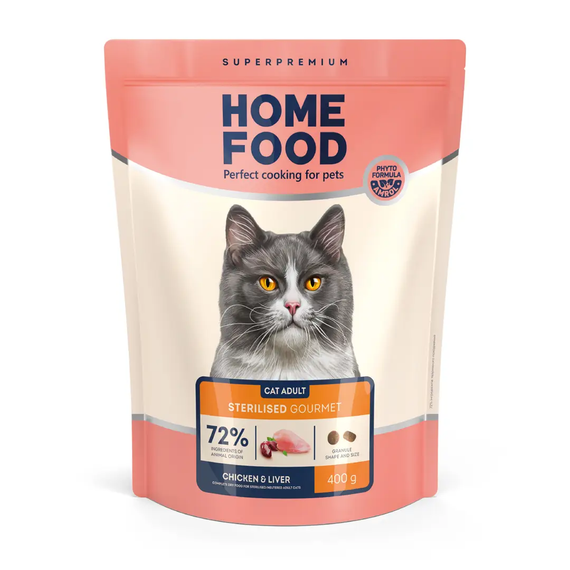 Сухий корм Hoom Food Sterilised Gourmet для вибагливих стерилізованих котів, курка та печінка 400г