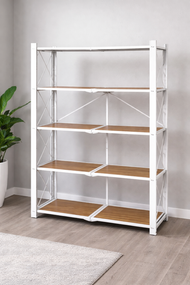 Стеллаж мобильный пятиярусный универсальный складной из нержавеющей сталис деревянными полками