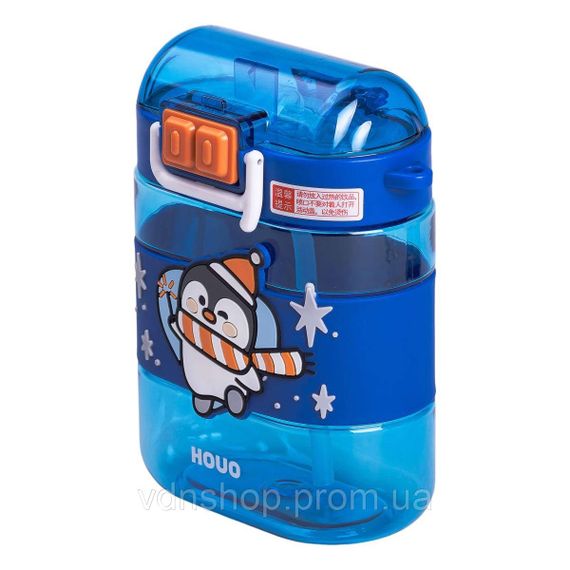 Пляшка для води дитяча з трубочкою та ремінцем 560 мл пляшечка для пиття в школу 15 см Синя HP-14-36BL | Зображення 3